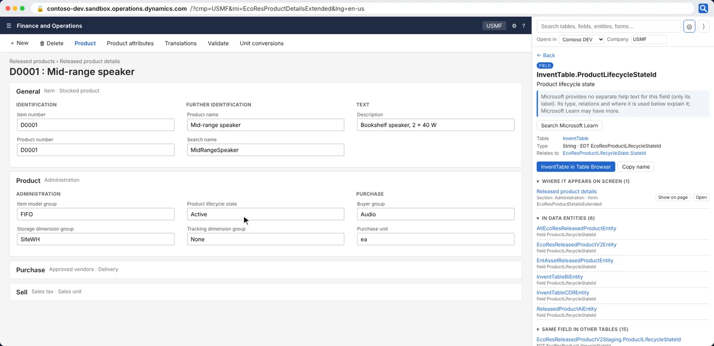 Picking a field on the page shows its details